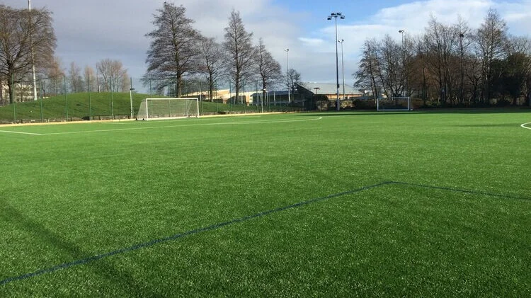 Sports pitch with floodlight columns and trees behind under a blue sky