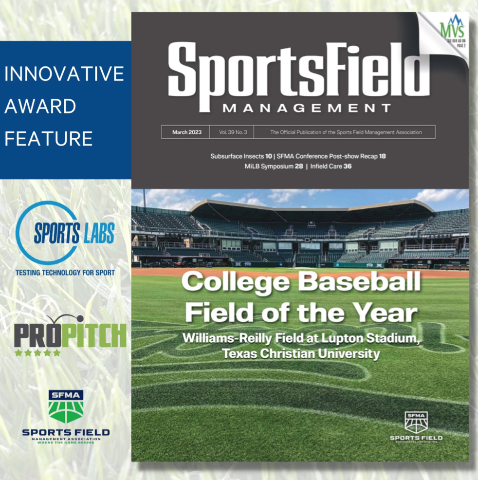 SportsField Management magazine feature covering ProPitch and a College Baseball Field of the Year award