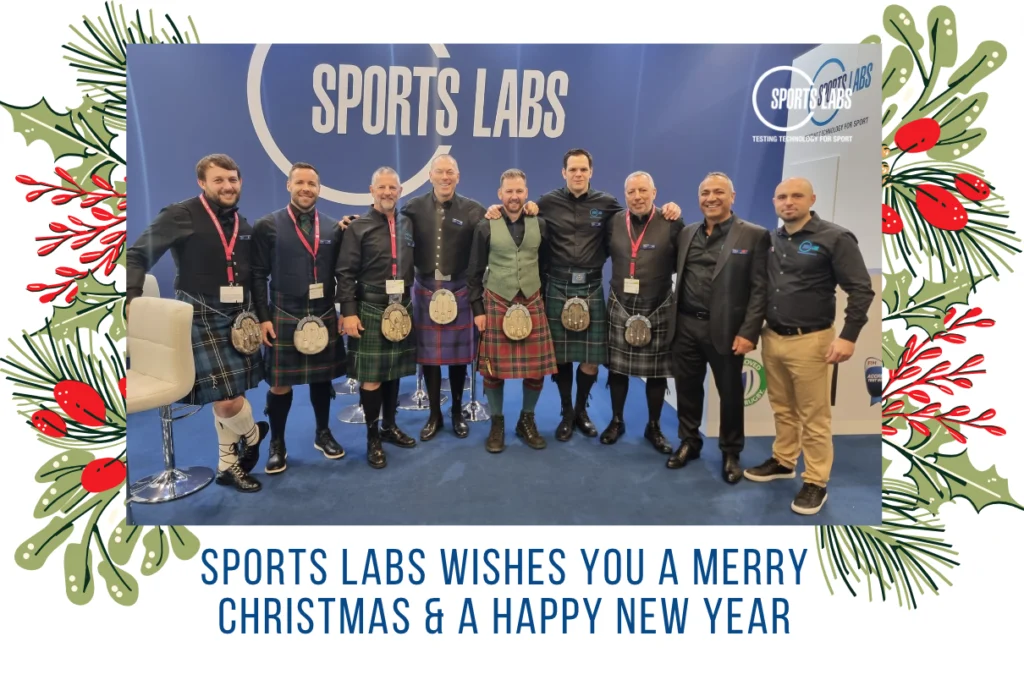 Sports Labs team group photograph in a festive greeting card design