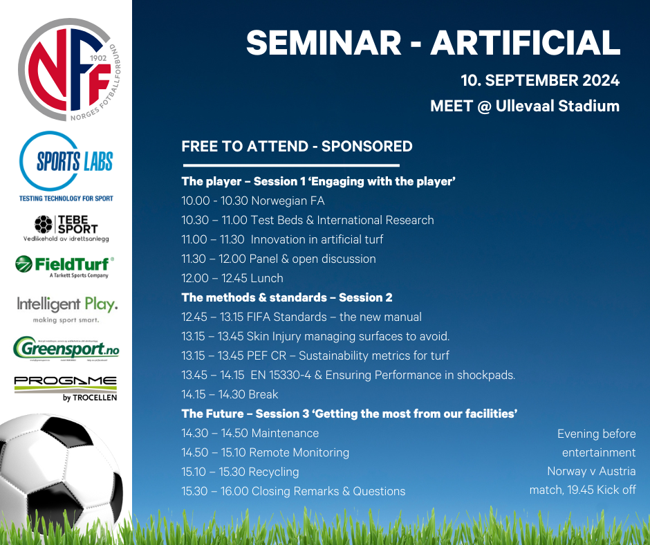 Seminar announcement graphic for an artificial sports surfaces event with sponsor logos and agenda