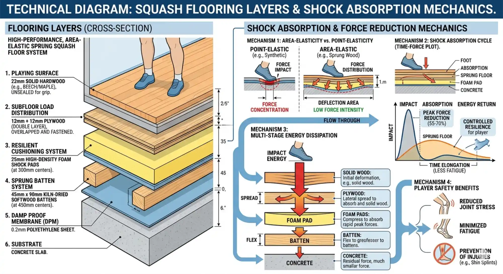 Technical cross section diagram of squash court floor layers and how they absorb impact