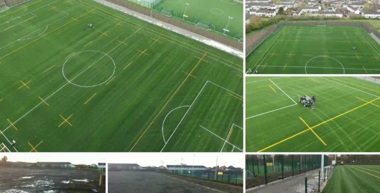 Aerial and ground views of artificial grass football and rugby pitches