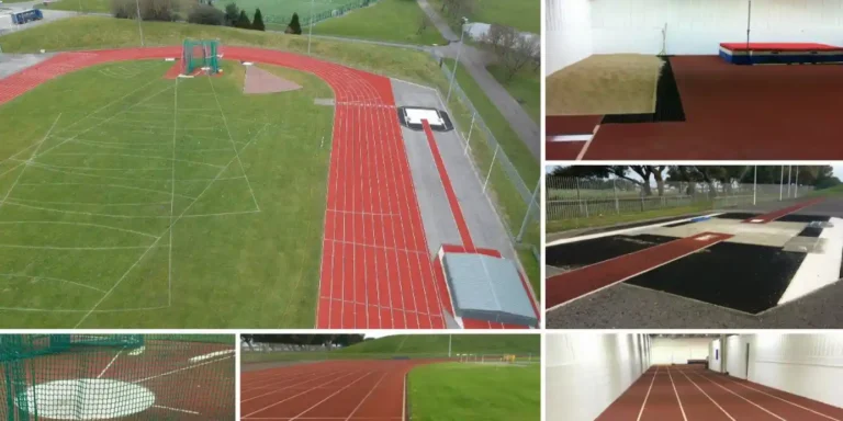 Aerial and ground views of athletics tracks, a jump runway and an indoor straight