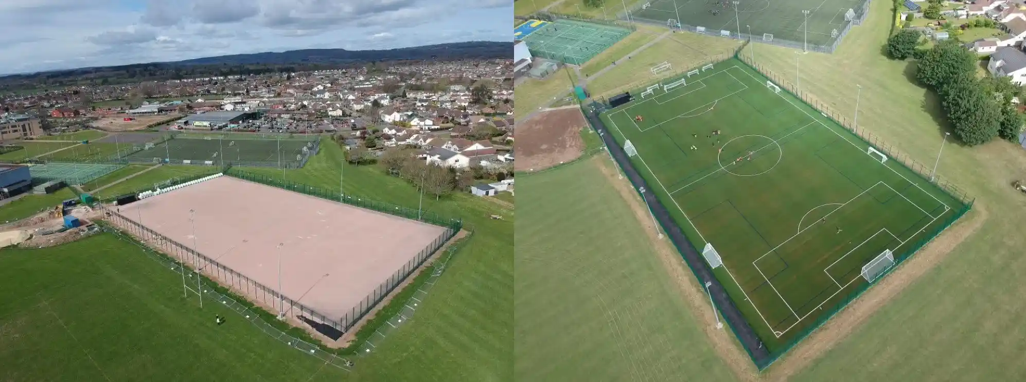 Aerial views of a red multi use games area and a floodlit green 3G football pitch