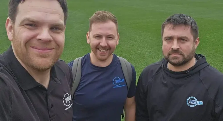 Three Sports Labs field technicians on a grass pitch